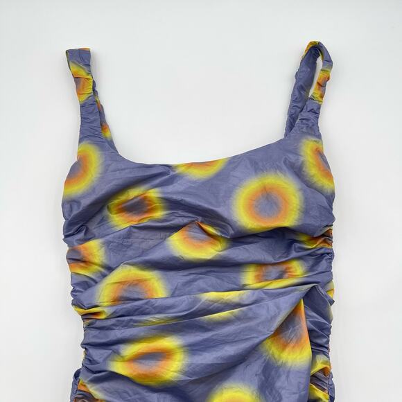 Maisie Wilen | Lady Miss Purple Yellow Ruched Low Back Polka Dot Midi Dress M - Picture 5 of 14